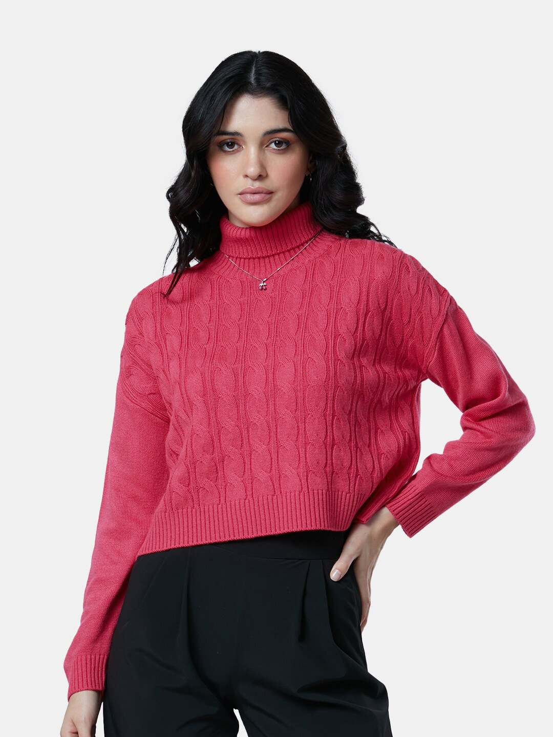 

The Souled Store Women Knitted Turtle Neck Solid Sweater, Pink