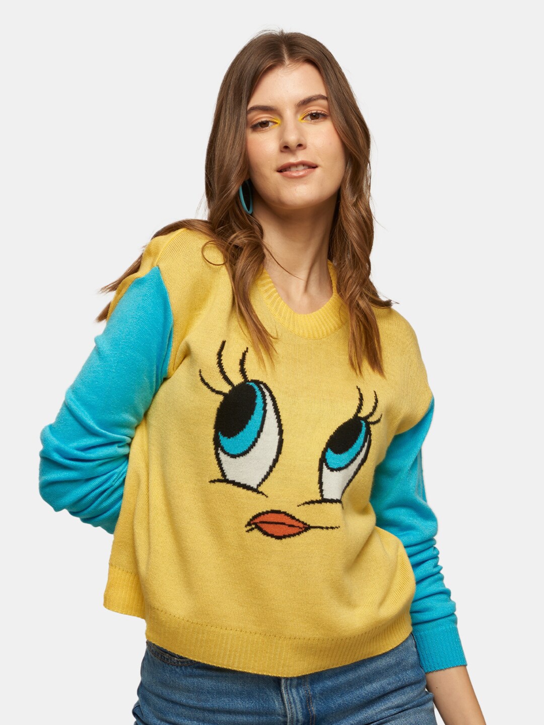 

The Souled Store Women Yellow & Blue Printed Acrylic Crop Pullover