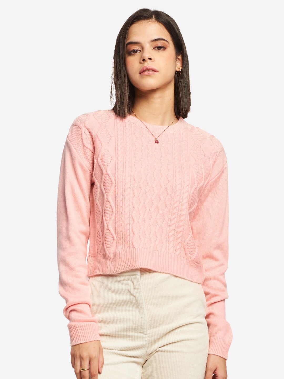 

The Souled Store Women Acrylic Cable Knit Sweater, Pink