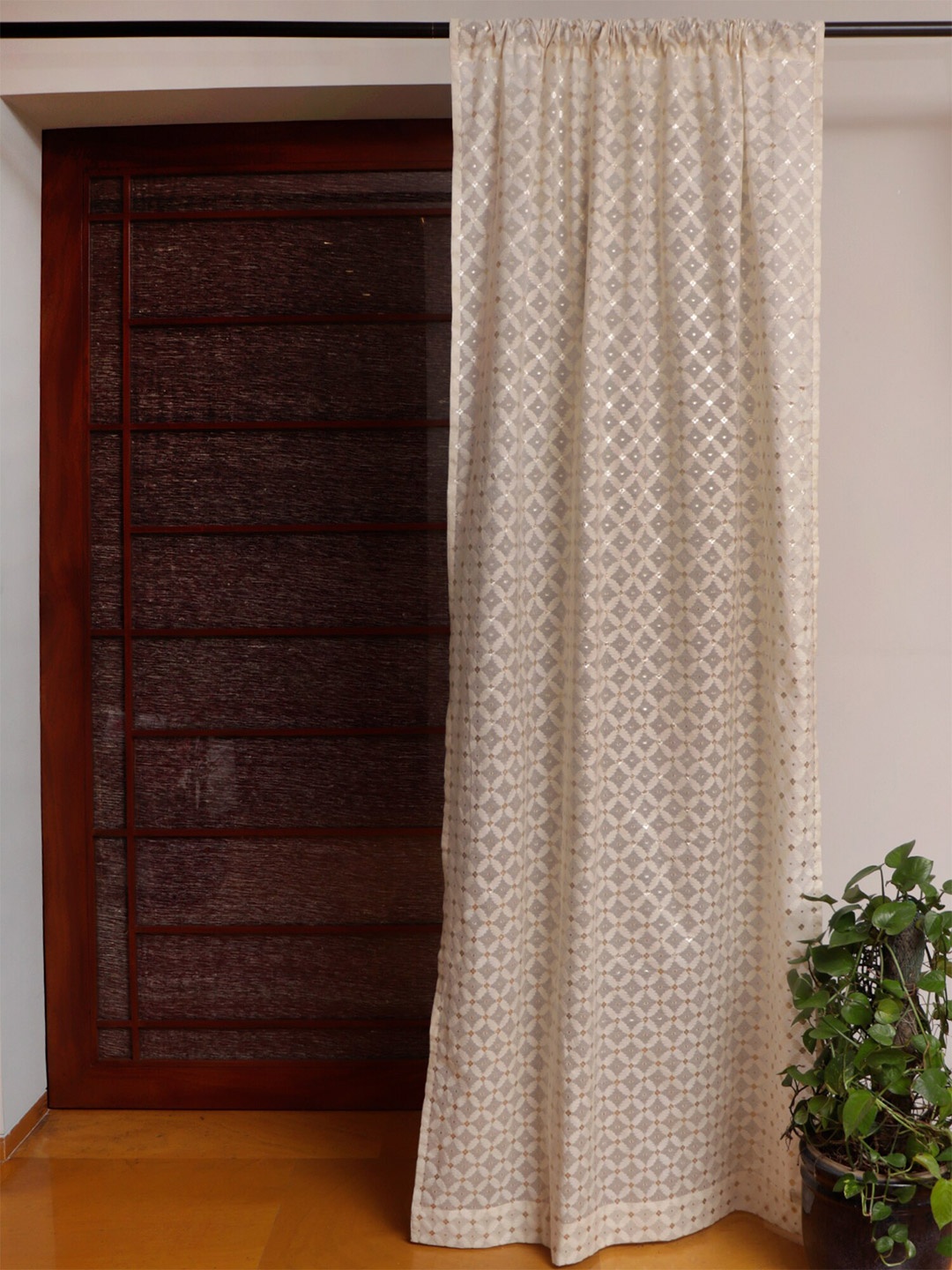 

ZEBA White & Gold-Toned Geometric Sheer Door Curtain
