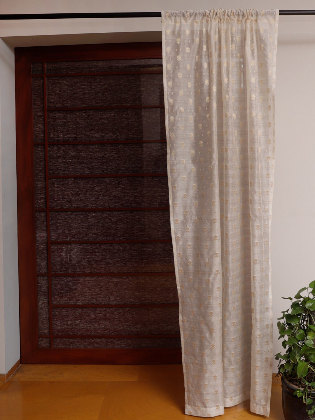 

ZEBA Gold-Toned & Cream-Coloured Floral Sheer Door Curtain