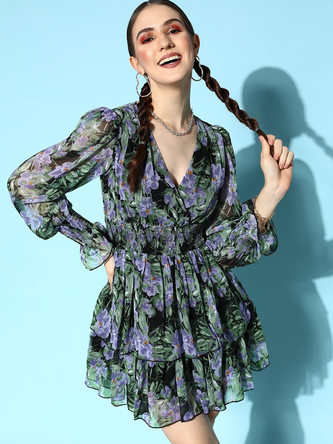 

Berrylush Black Floral Layered Georgette Mini Dress