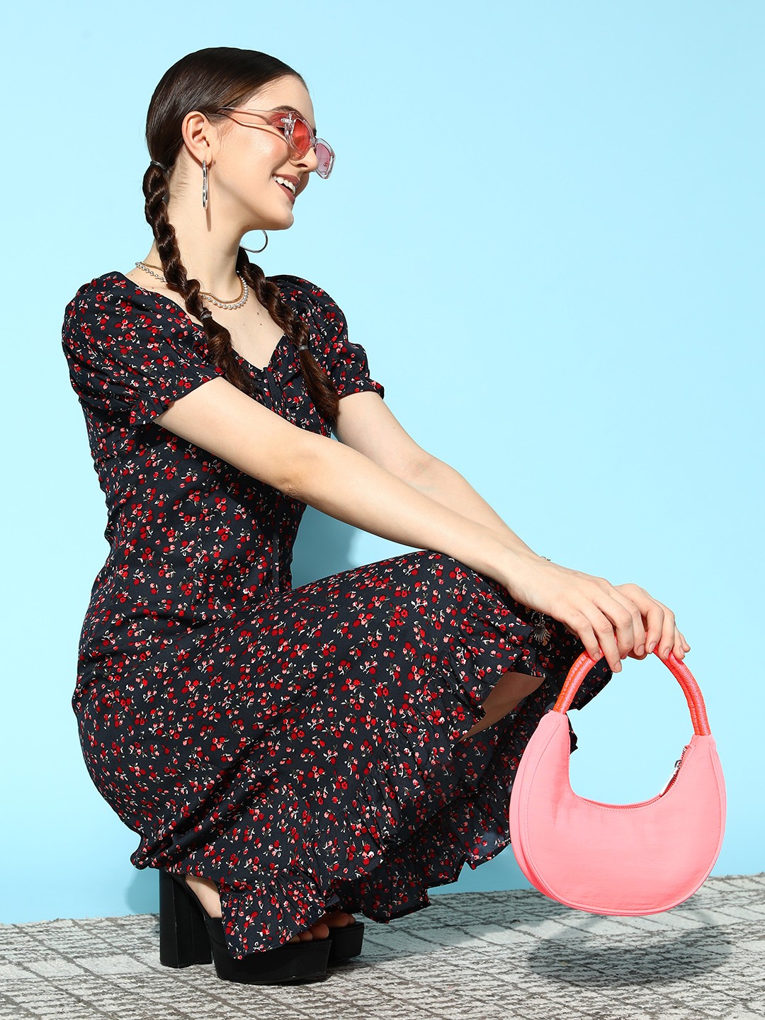 

Berrylush Navy Blue Floral Crepe Tie-Ups A-Line Dress