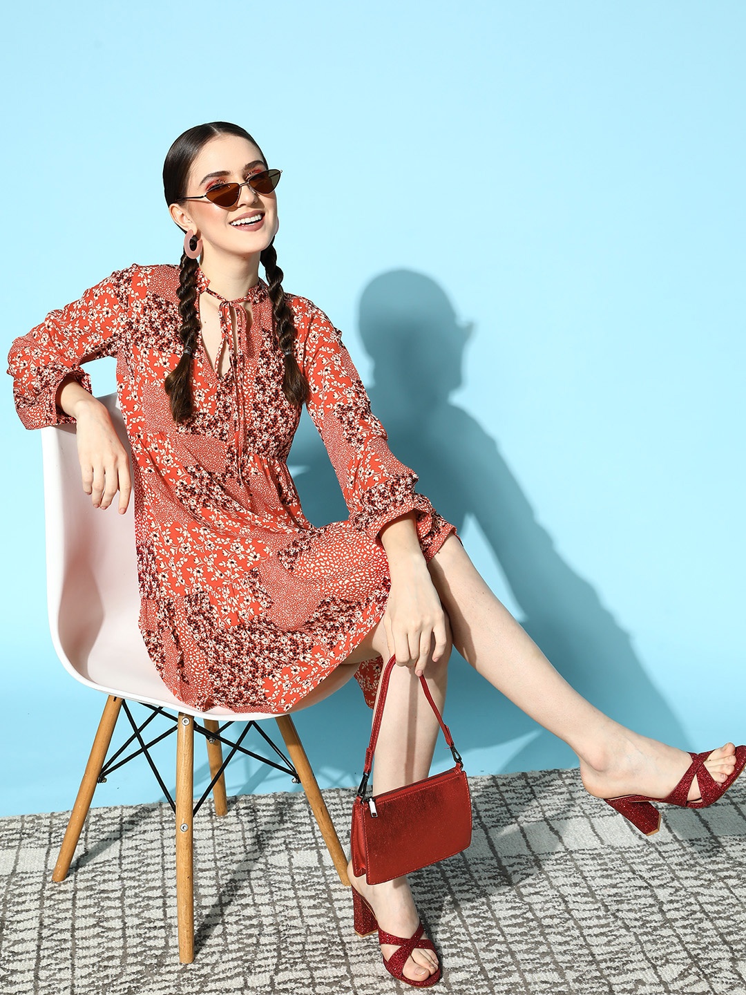 Berrylush Red & Cream-Coloured Floral Printed A-Line Dress