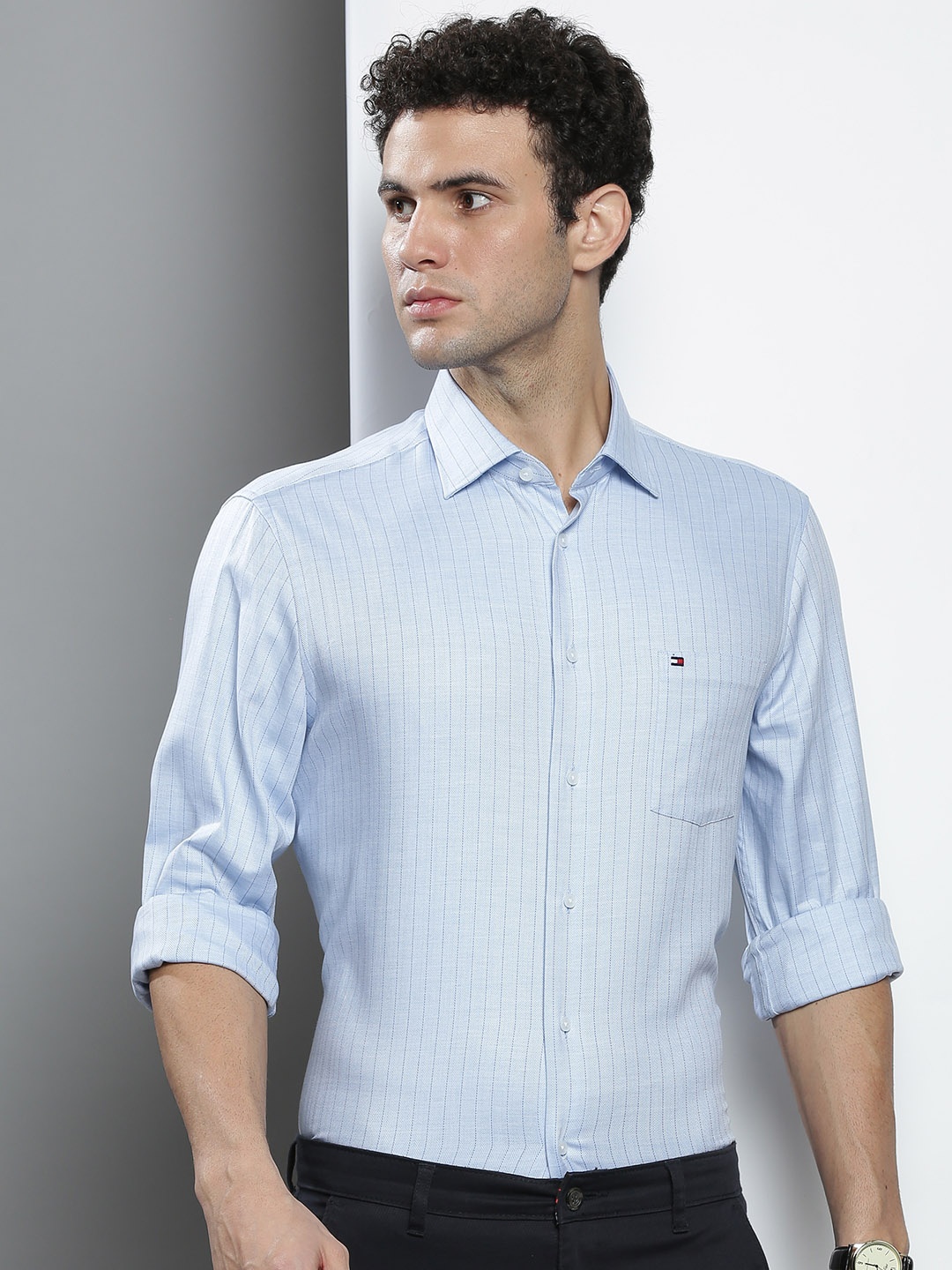 

Tommy Hilfiger Men Blue Striped Cotton Semiformal Shirt