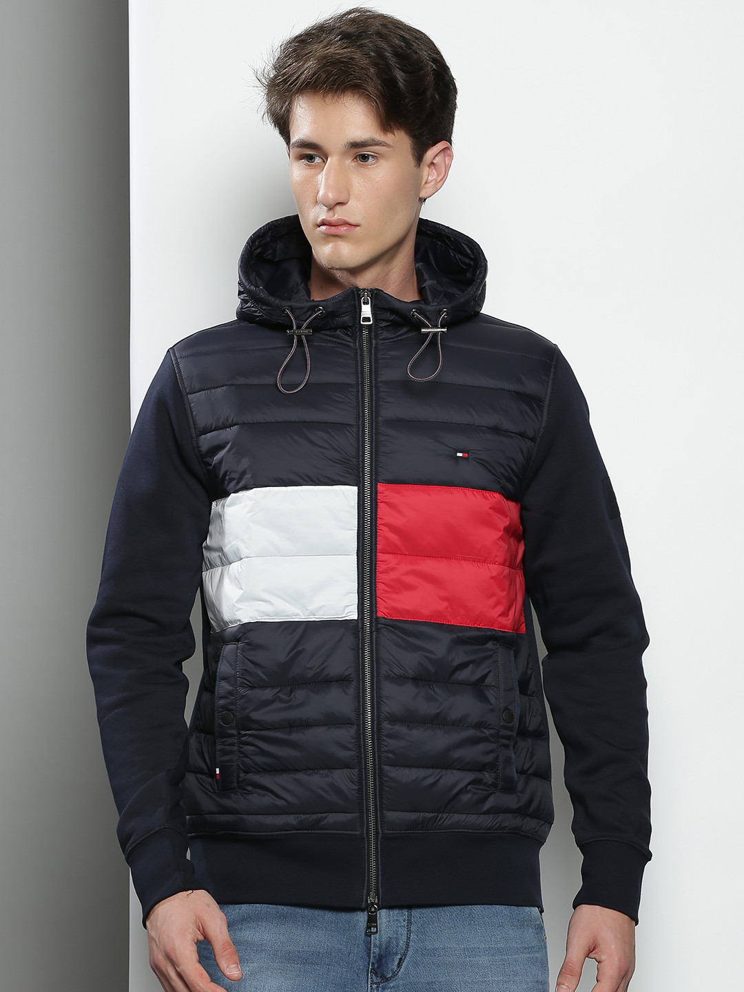 

Tommy Hilfiger Men Navy Blue & White Colourblocked Padded Jacket