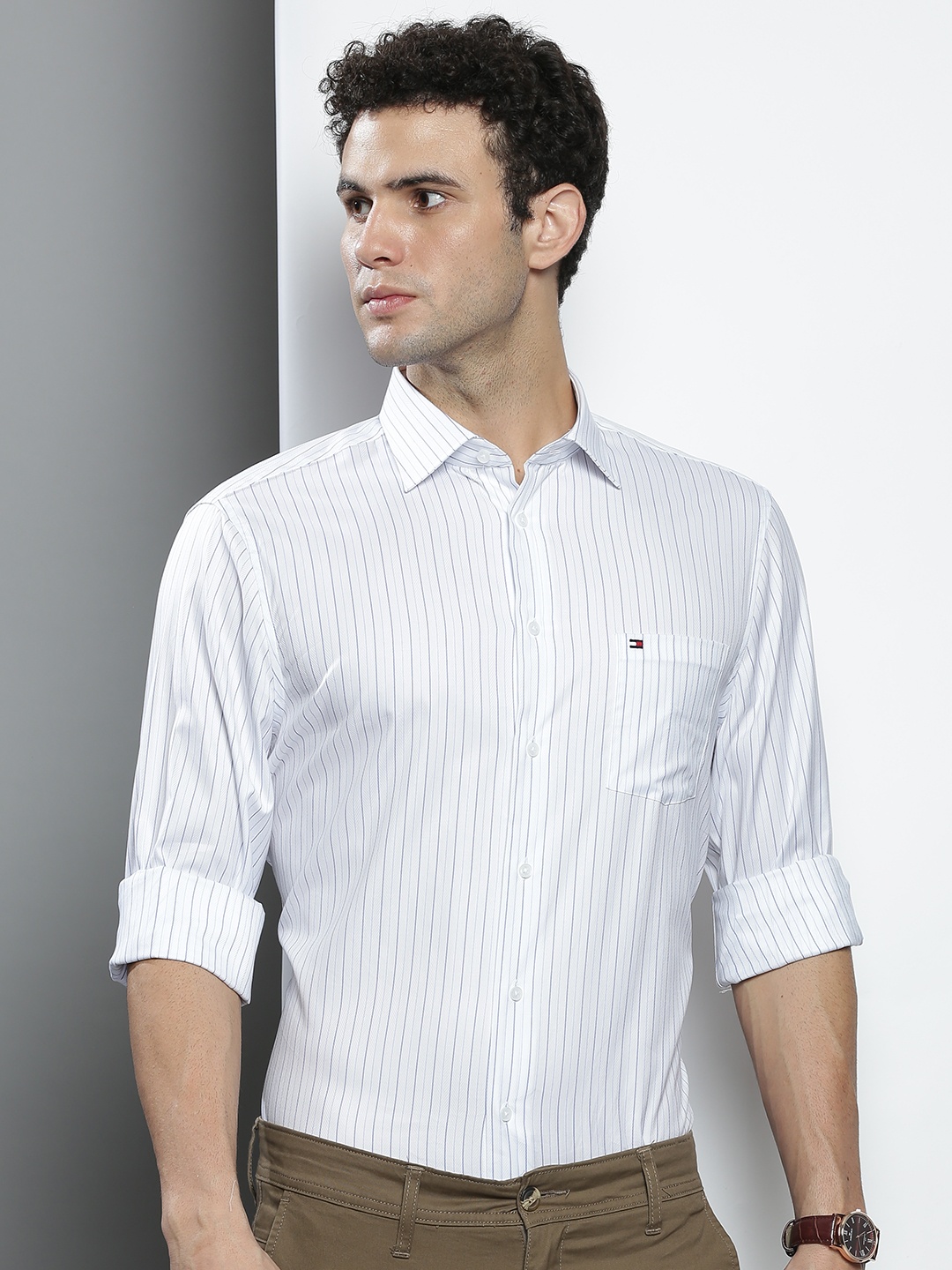 

Tommy Hilfiger Men White & Blue Striped Formal Shirt