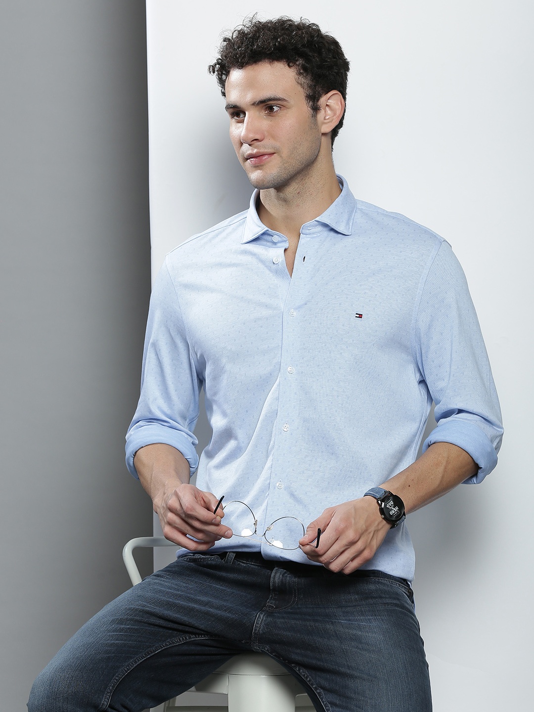 

Tommy Hilfiger Men Slim Fit Printed Pure Cotton Casual Shirt, Blue