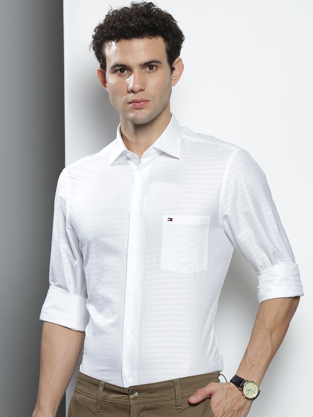 

Tommy Hilfiger Men White Horizontal Stripes Pure Cotton Formal Shirt
