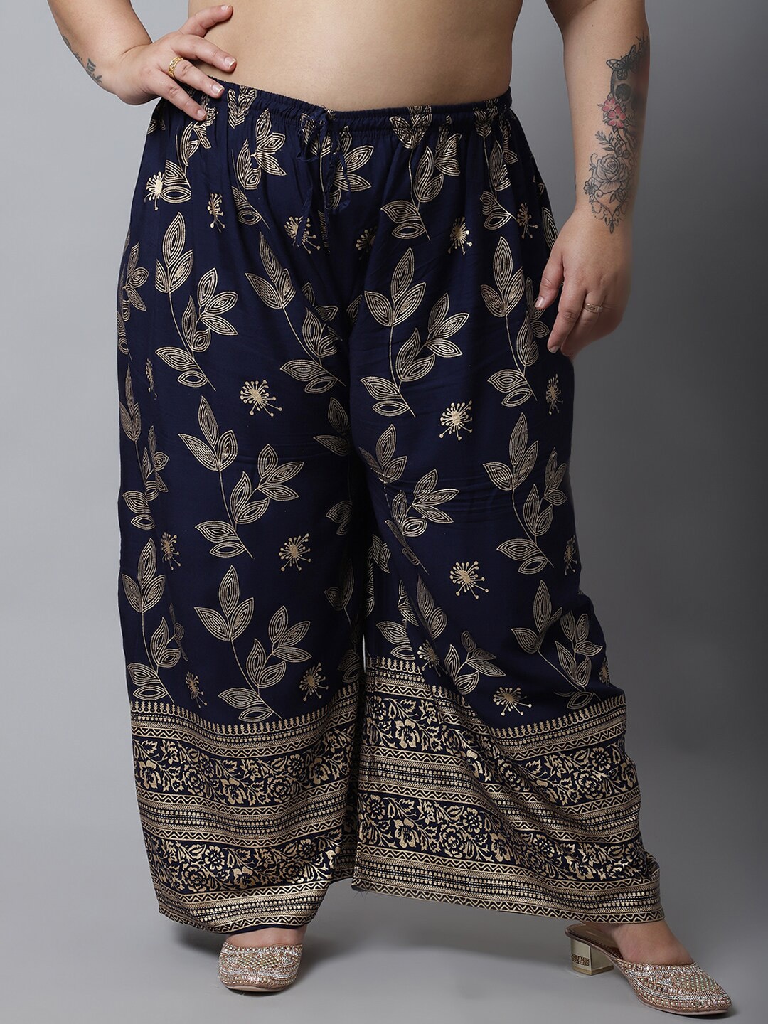 

Miaz Lifestyle Women Navy Blue & Gold-Toned Cotton Floral Plus Size Knitted Palazzos