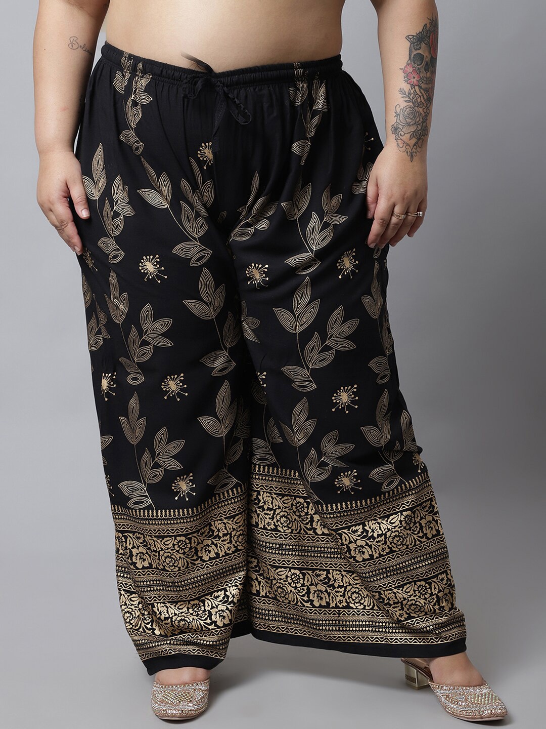 

Miaz Lifestyle Women Black & Gold-Toned Cotton Floral Plus Size Knitted Ethnic Palazzos