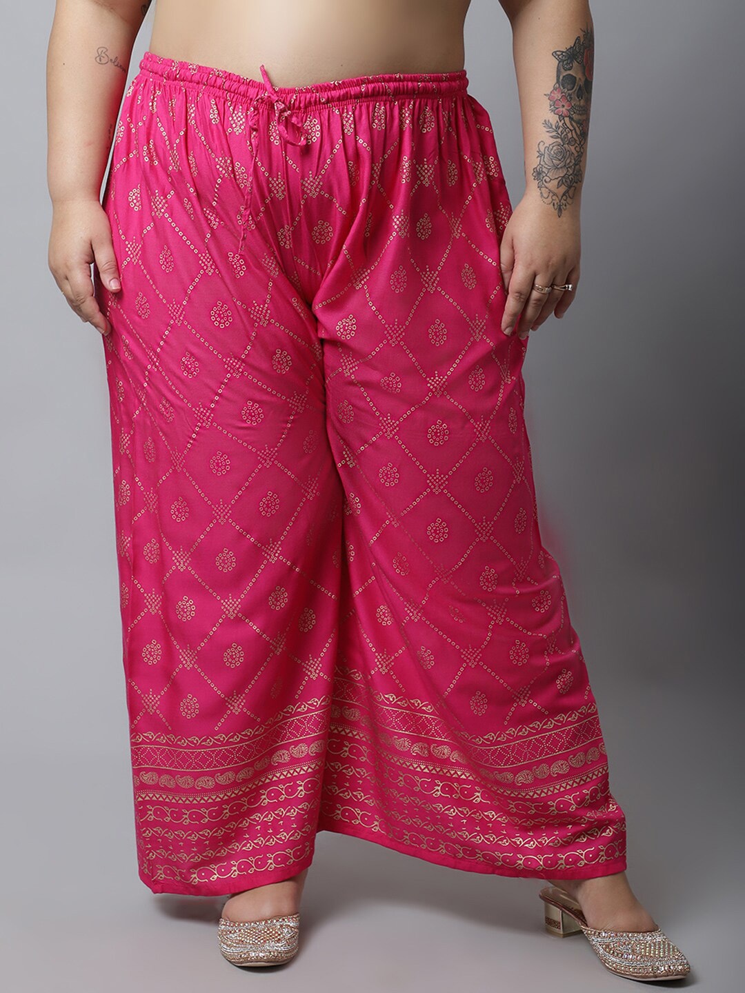 

Miaz Lifestyle Women Red & Gold-Toned Cotton Plus Size Printed Knitted Palazzos