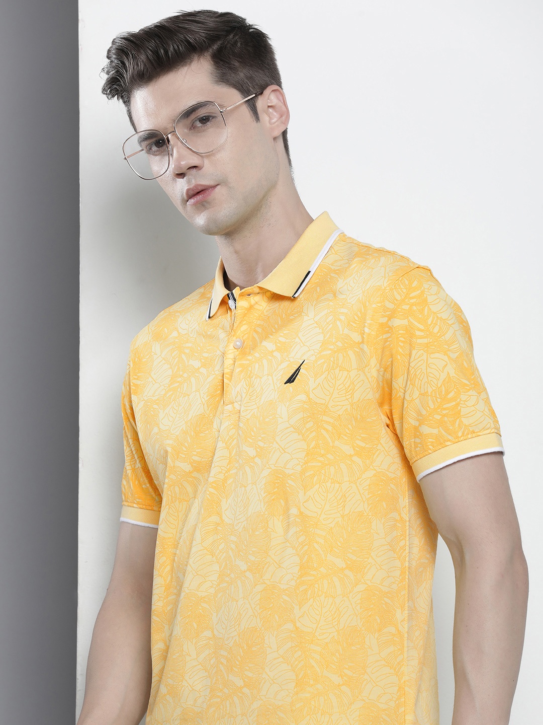 

Nautica Floral Printed Polo Collar Tropical Pure Cotton T-shirt, Yellow