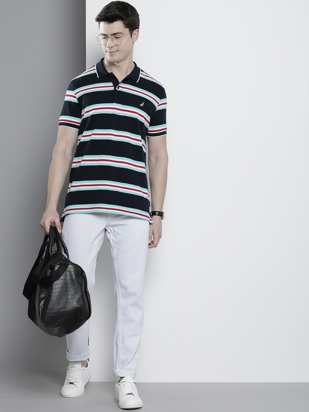 

Nautica Striped Polo Collar Pure Cotton T-shirt, Navy blue