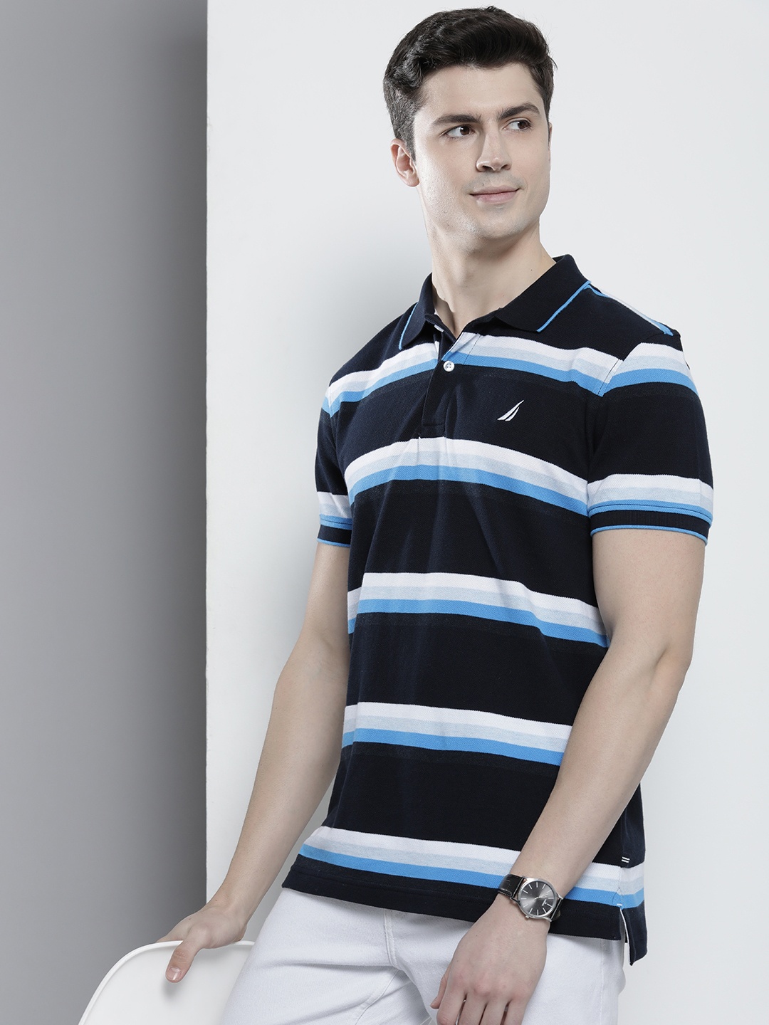 

Nautica Men Pure Cotton Striped Polo Collar T-shirt, Navy blue