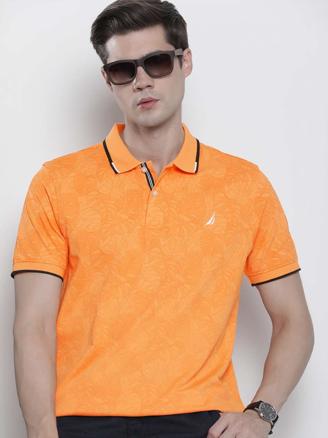 

Nautica Tropical Printed Polo Collar Pure Cotton T-shirt, Orange