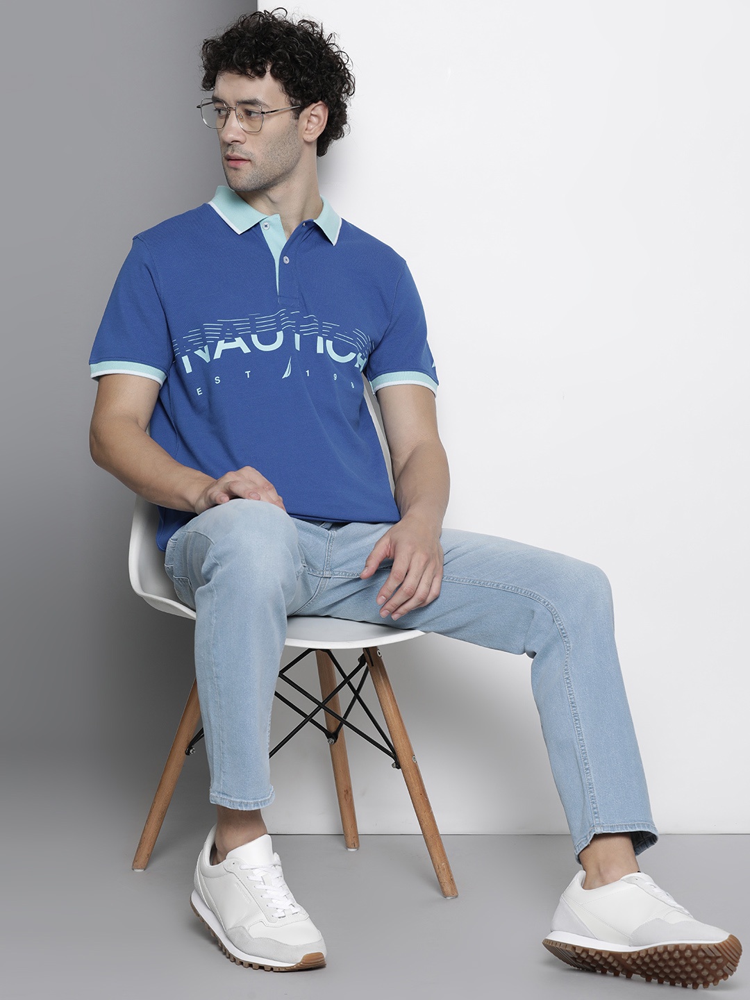 

Nautica Brand Logo Printed Polo Collar Pure Cotton T-shirt, Blue