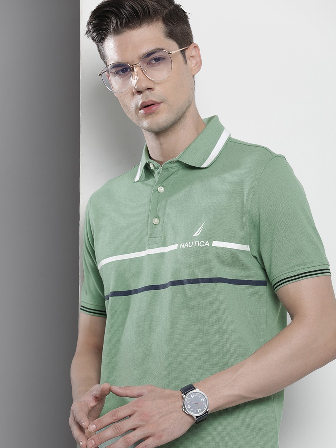 

Nautica Men Striped Polo Collar Pure Cotton T-shirt, Green
