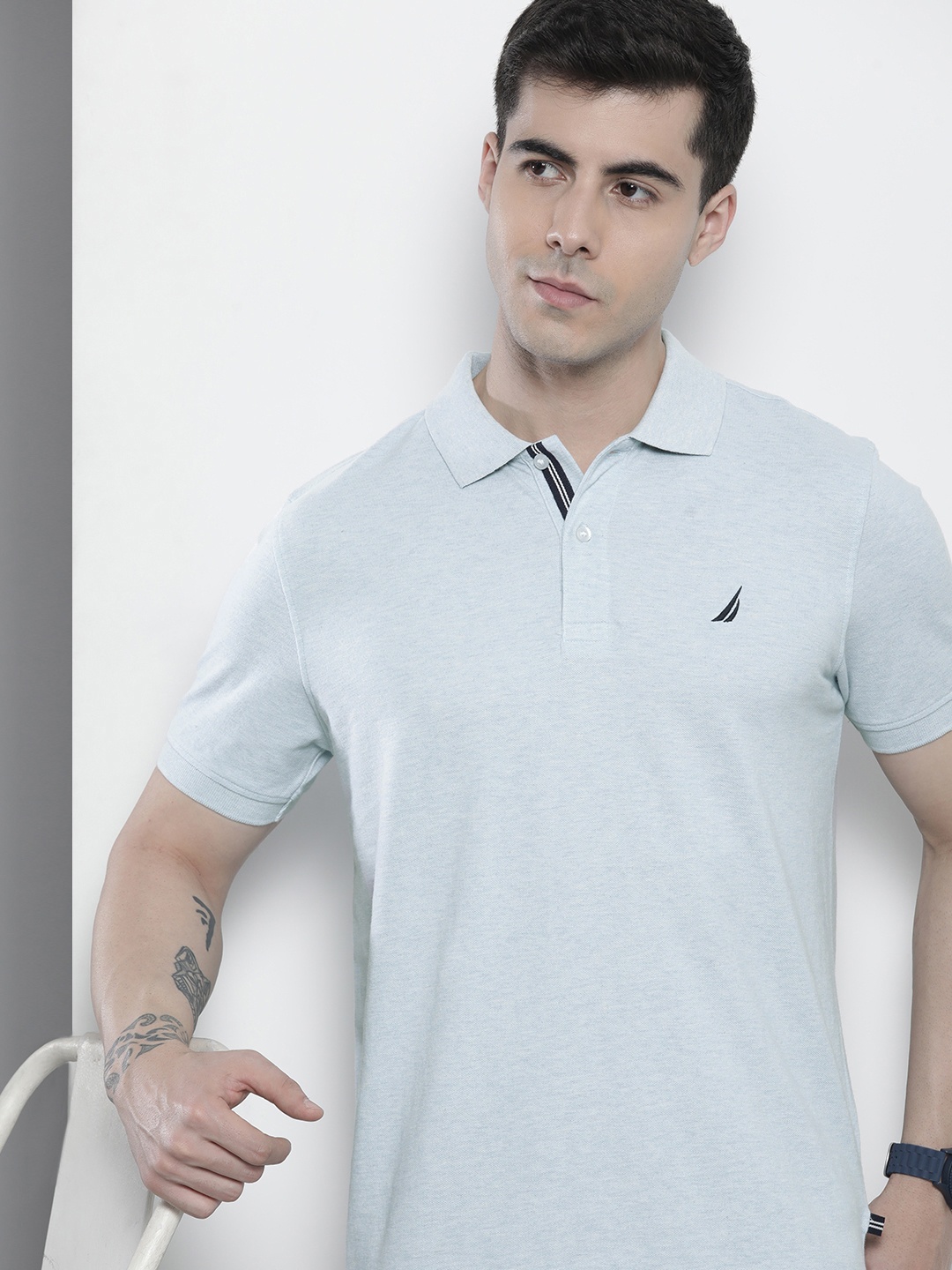 

Nautica Men Solid Polo Collar Pure Cotton Slim Fit T-shirt, Blue