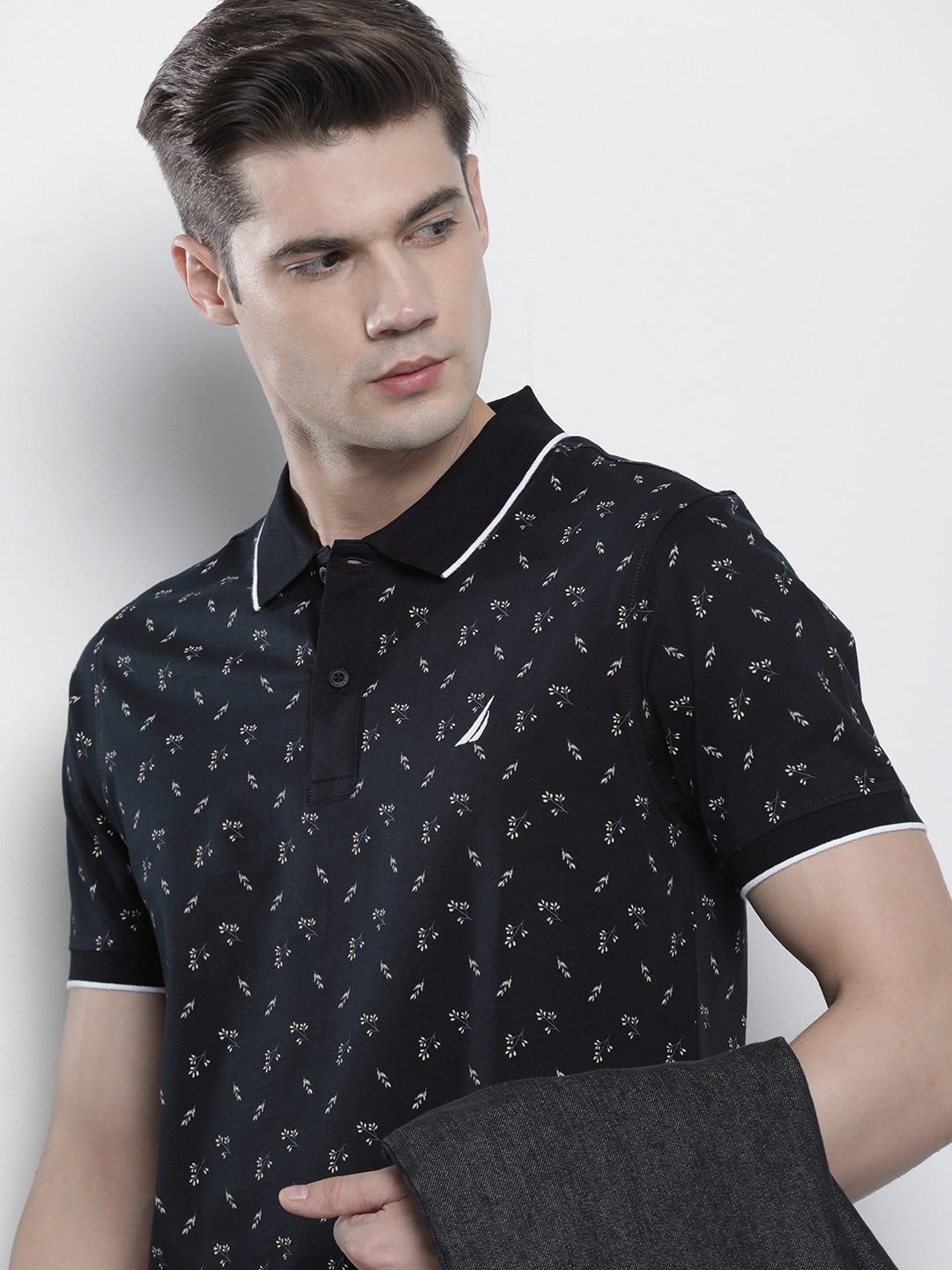 

Nautica Floral Printed Polo Collar Pure Cotton T-shirt, Navy blue