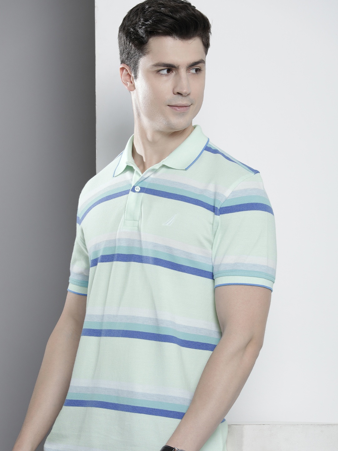 

Nautica Men Pure Cotton Striped Polo Collar T-shirt, Green