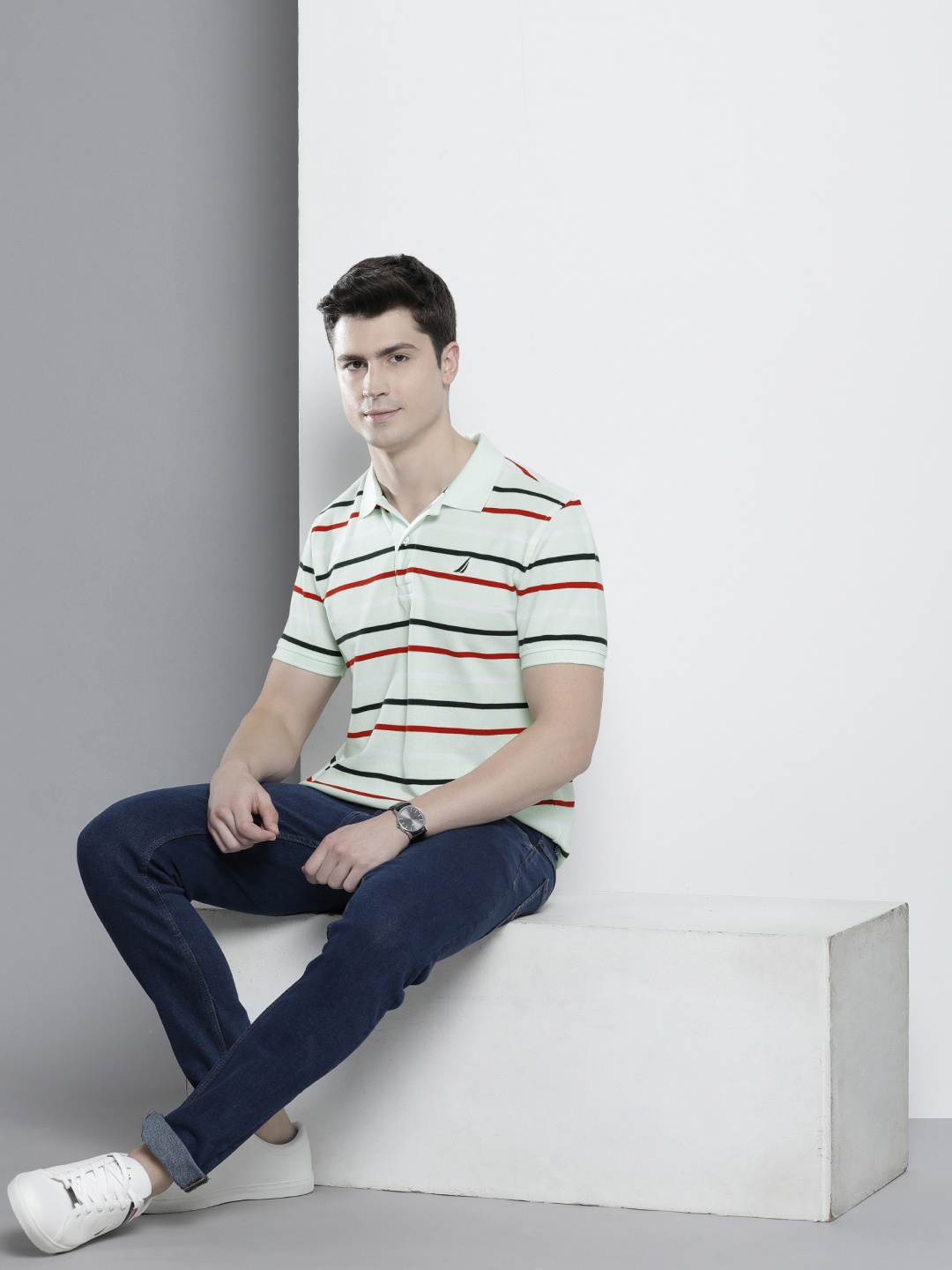 

Nautica Striped Polo Collar Pure Cotton T-shirt, Green