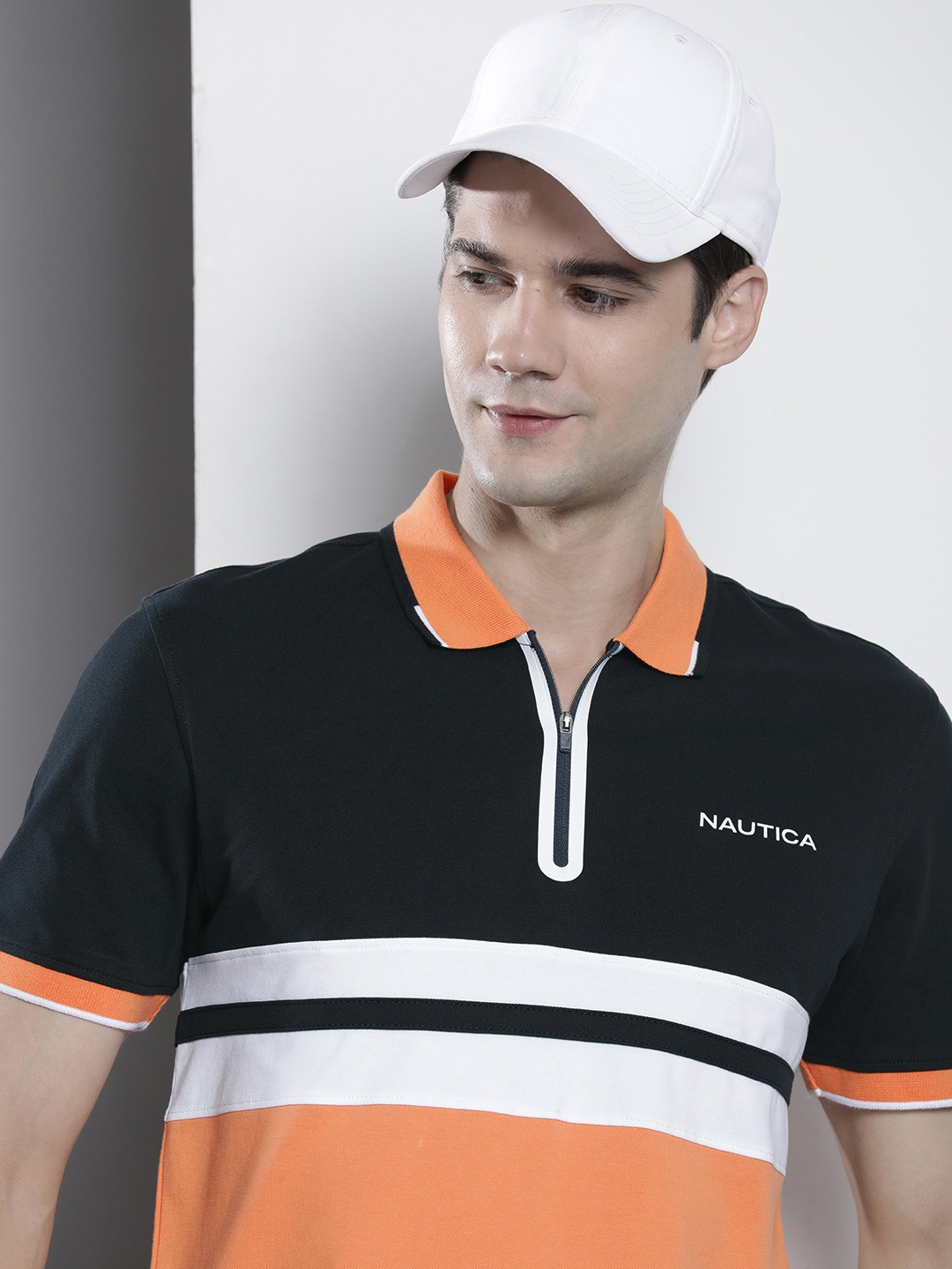 

Nautica Men Colourblocked Polo Collar T-shirt, Orange