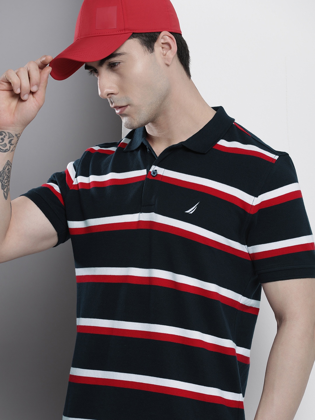 

Nautica Striped Polo Collar Pure Cotton T-shirt, Navy blue