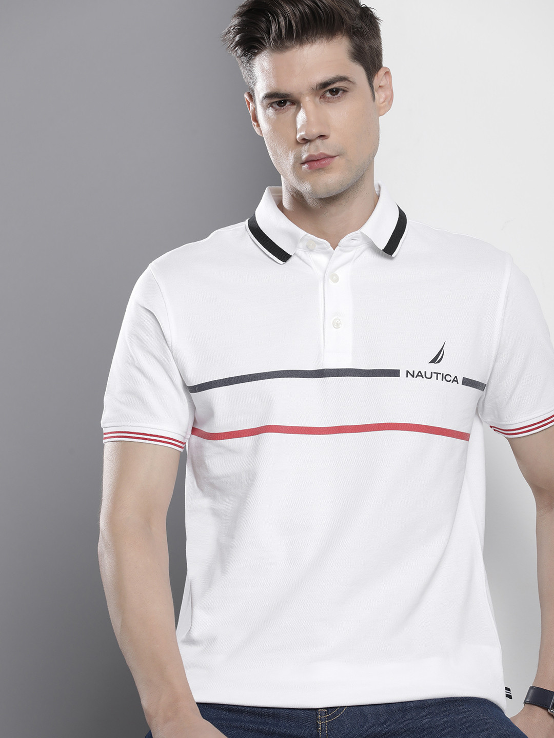 

Nautica Men Striped Polo Collar Pure Cotton T-shirt, White