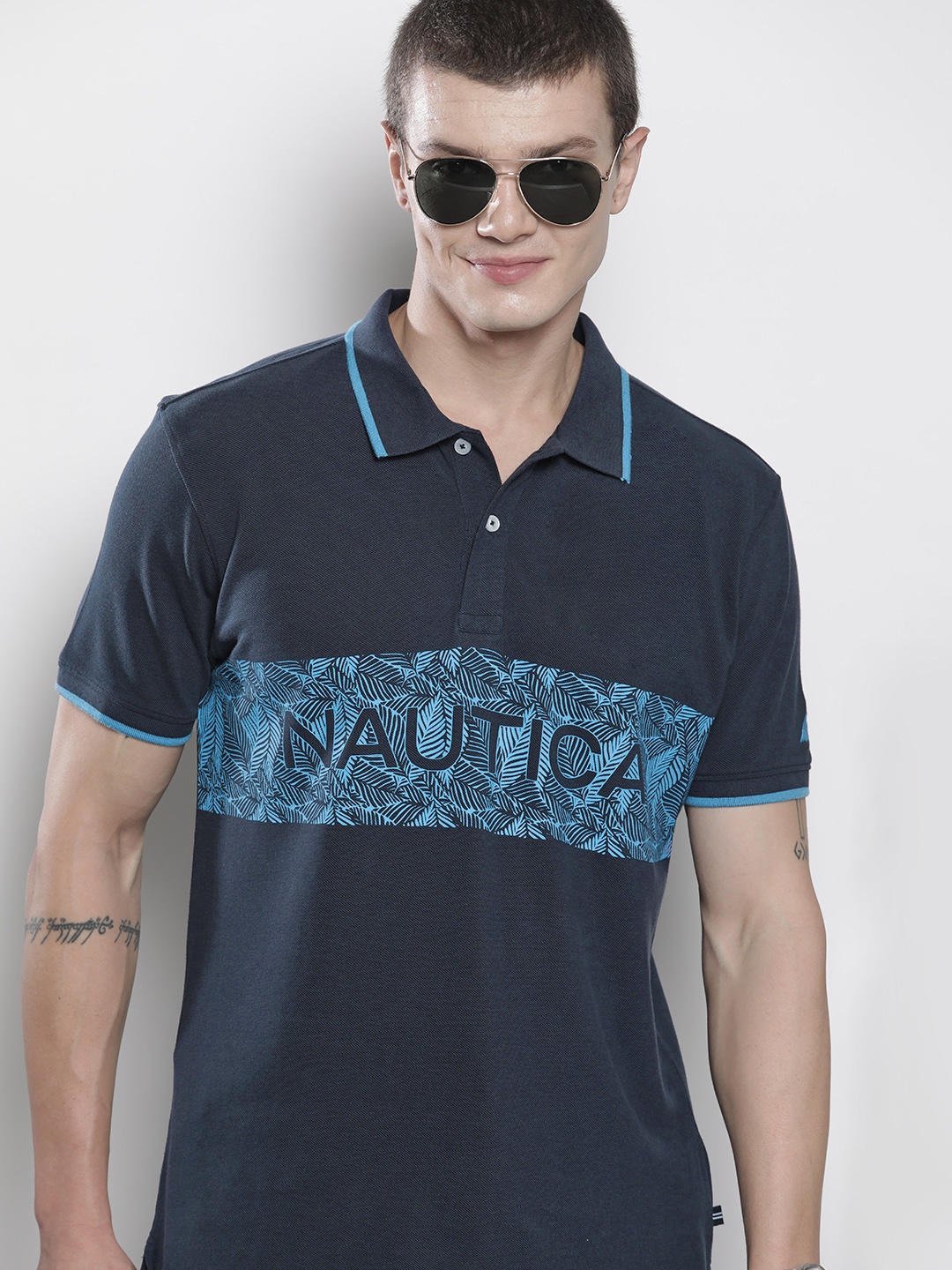 

Nautica Men Brand Logo Printed Polo Collar Pure Cotton T-shirt, Blue