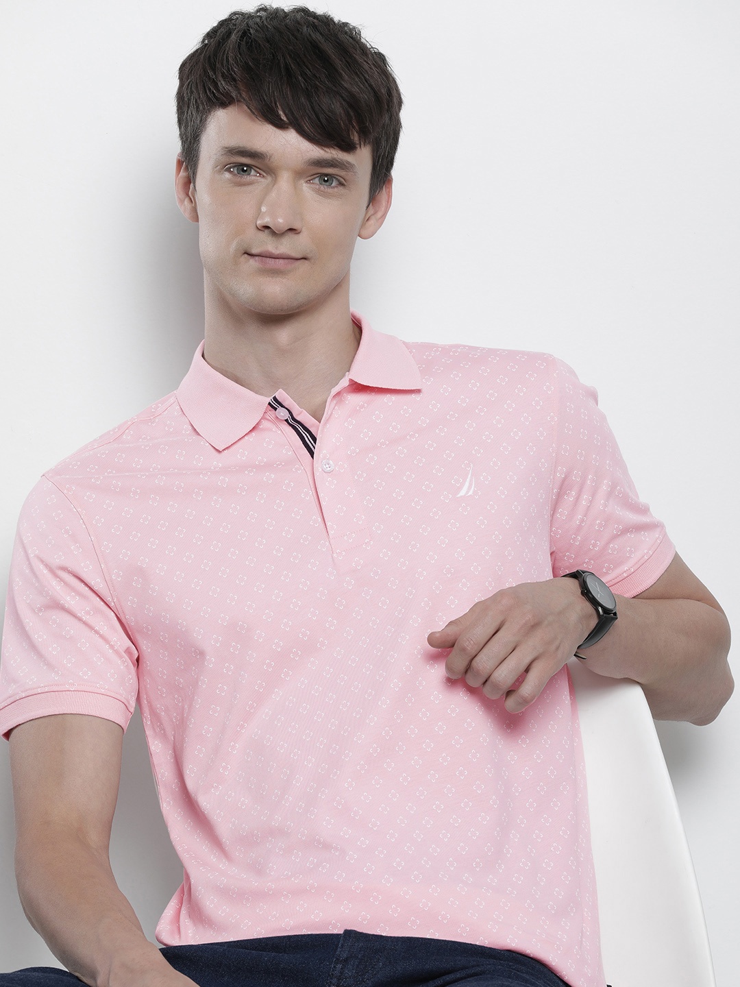 

Nautica Geometric Printed Polo Collar Pure Cotton T-shirt, Peach