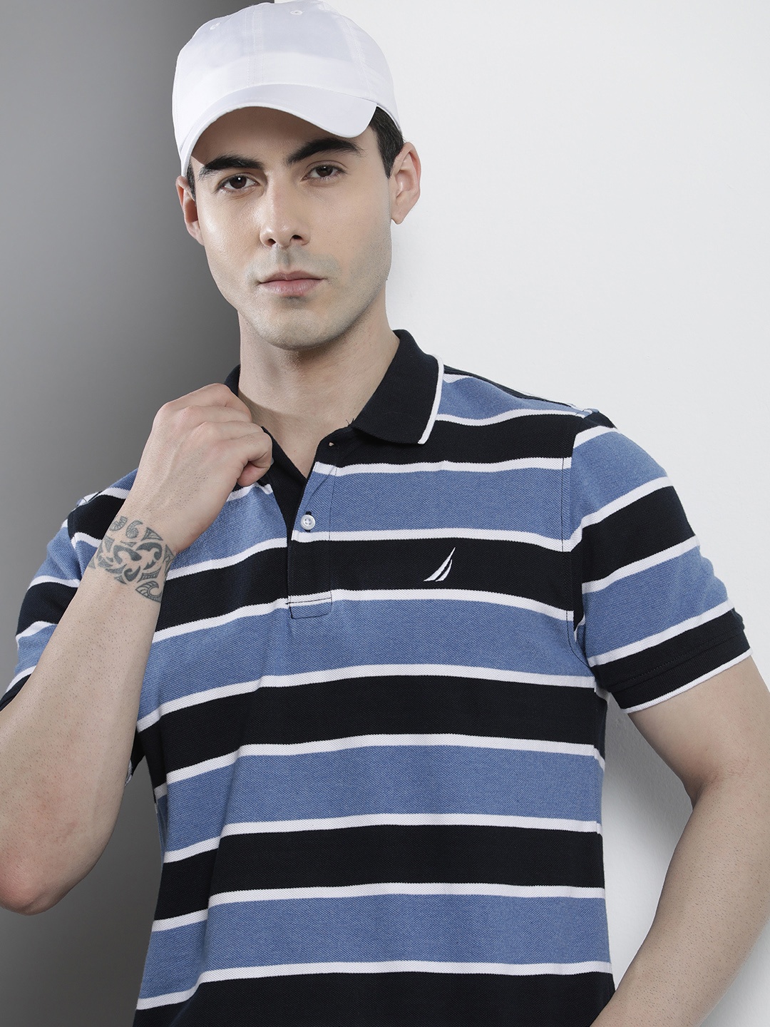 

Nautica Striped Polo Collar Pure Cotton T-shirt, Navy blue