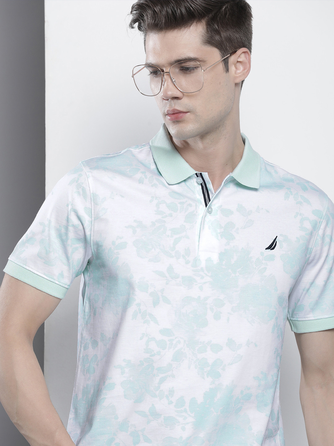 

Nautica Floral Printed Polo Collar Pure Cotton T-shirt, Green