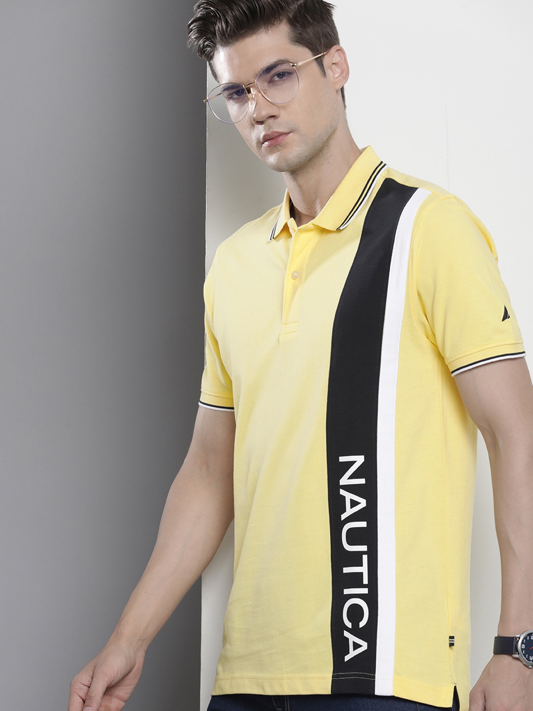 

Nautica Men Brand Logo Printed Polo Collar Pure Cotton T-shirt, Yellow