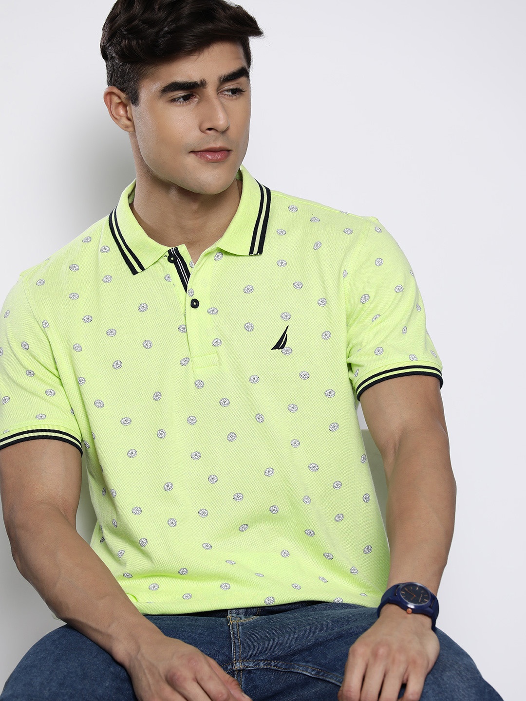 

Nautica Printed Pure Cotton Polo Collar T-shirt, Lime green