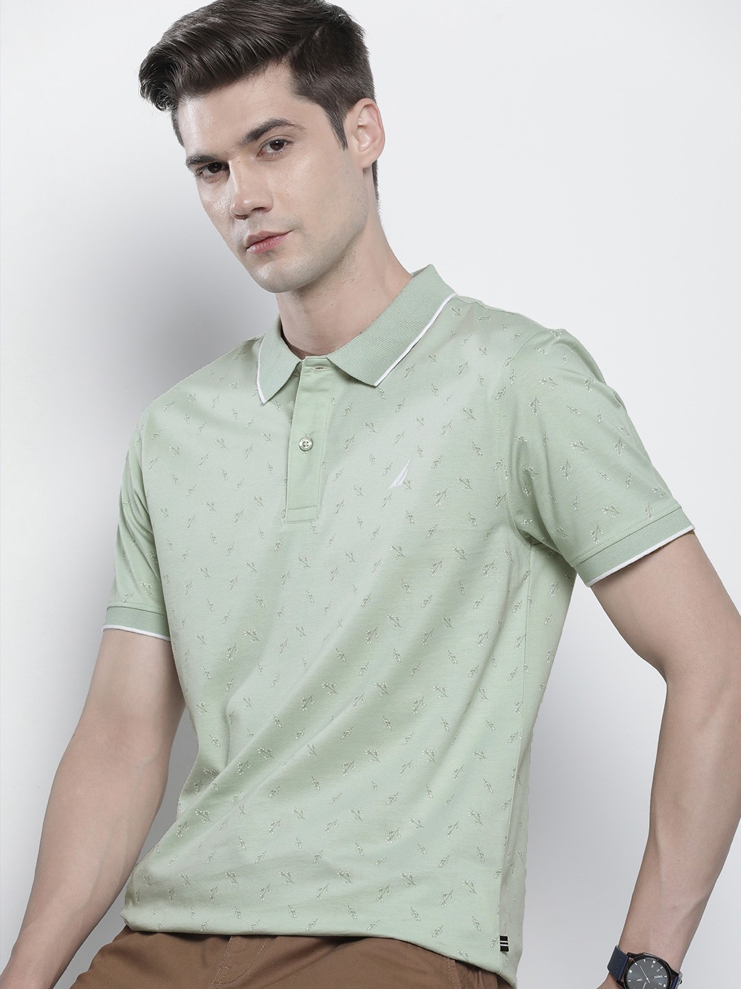 

Nautica Floral Printed Polo Collar Pure Cotton T-shirt, Green
