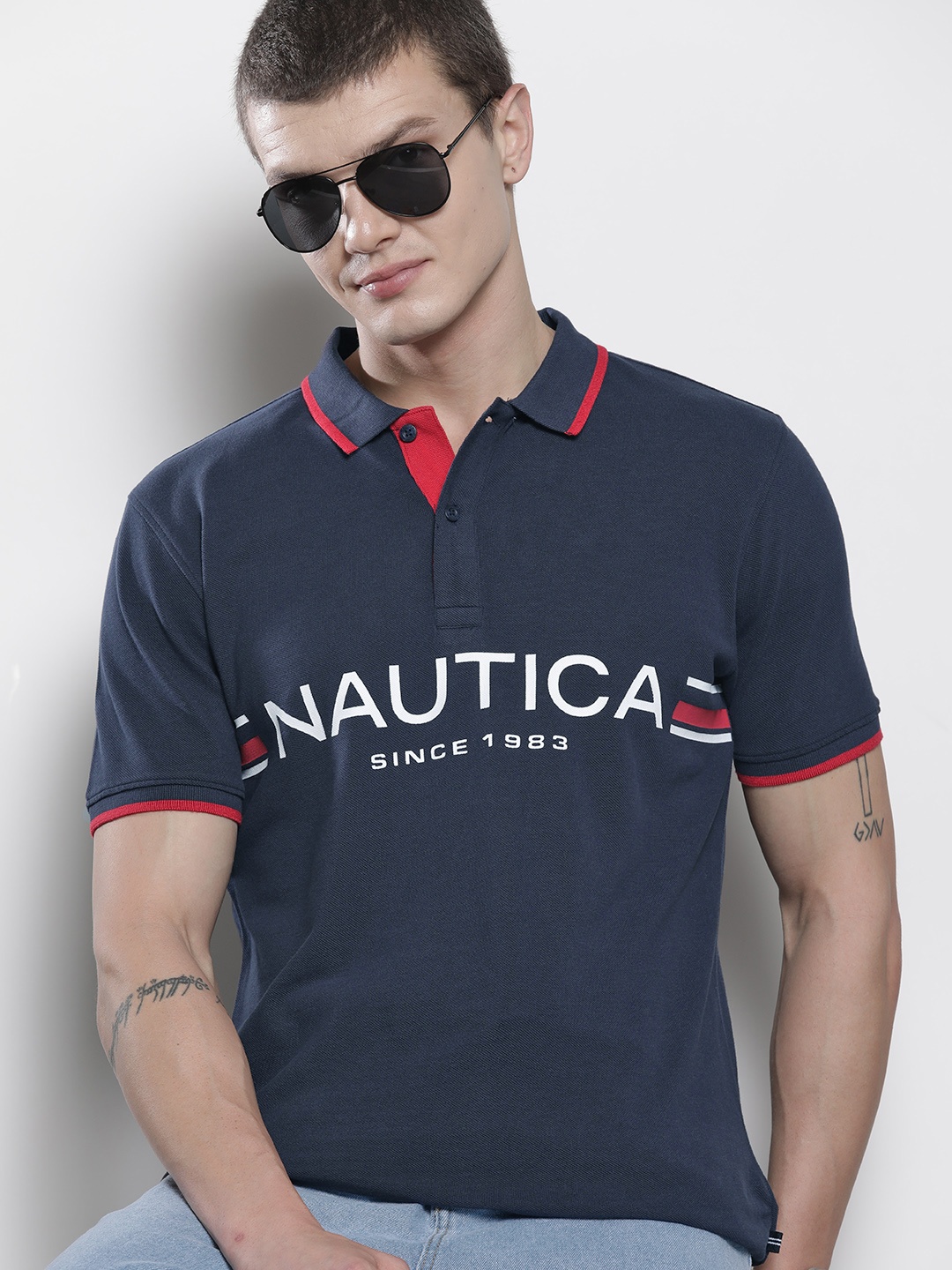 

Nautica Men Brand Logo Printed Polo Collar Pure Cotton T-shirt, Navy blue