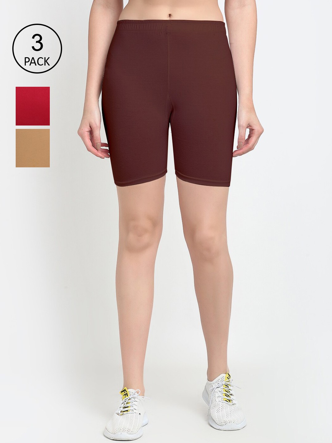 

GRACIT Women Pack of 3 Red Sports Shorts, Brown