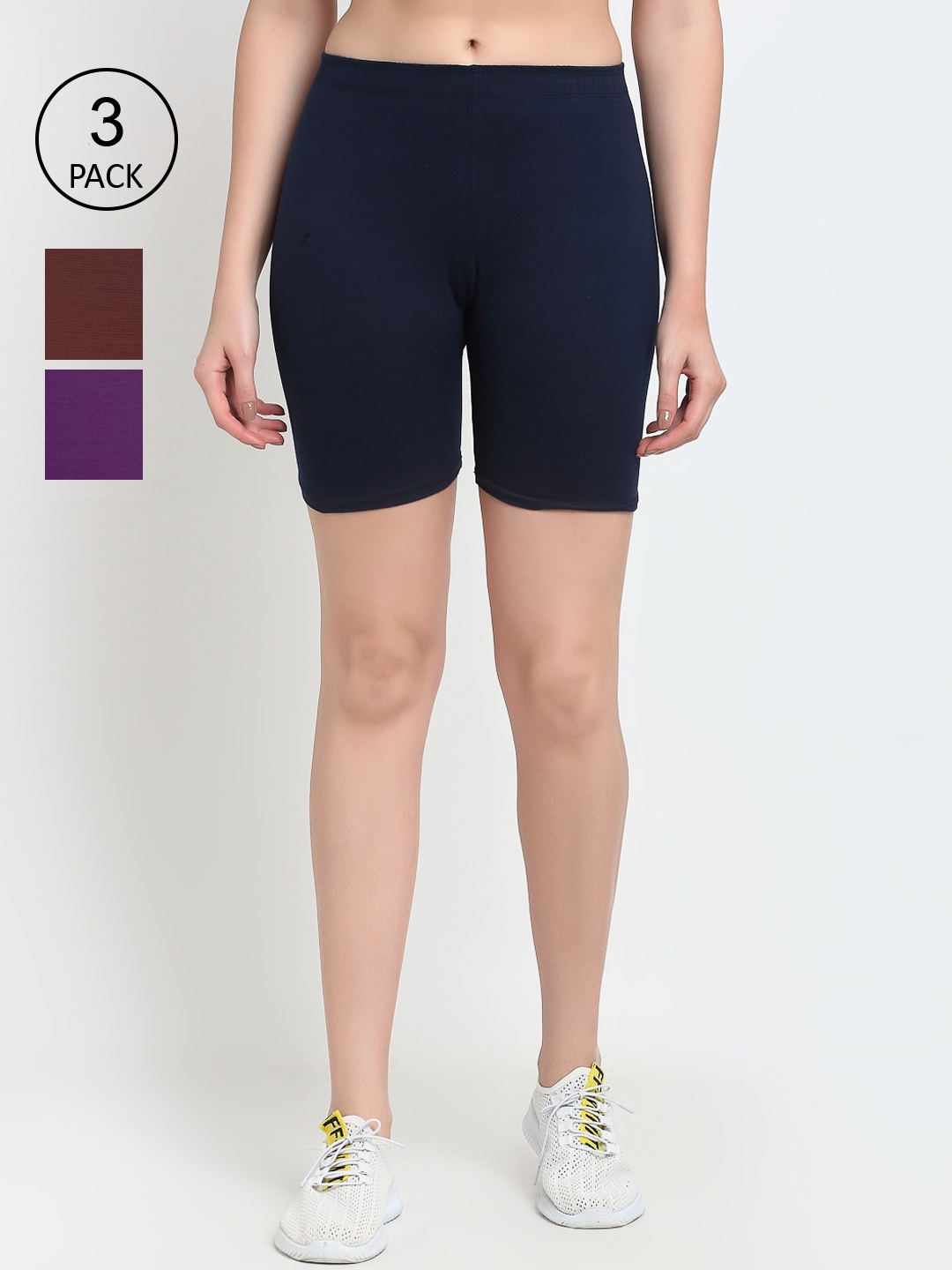 

GRACIT Women Pack Of 3 Cycling Sports Cotton Shorts, Navy blue
