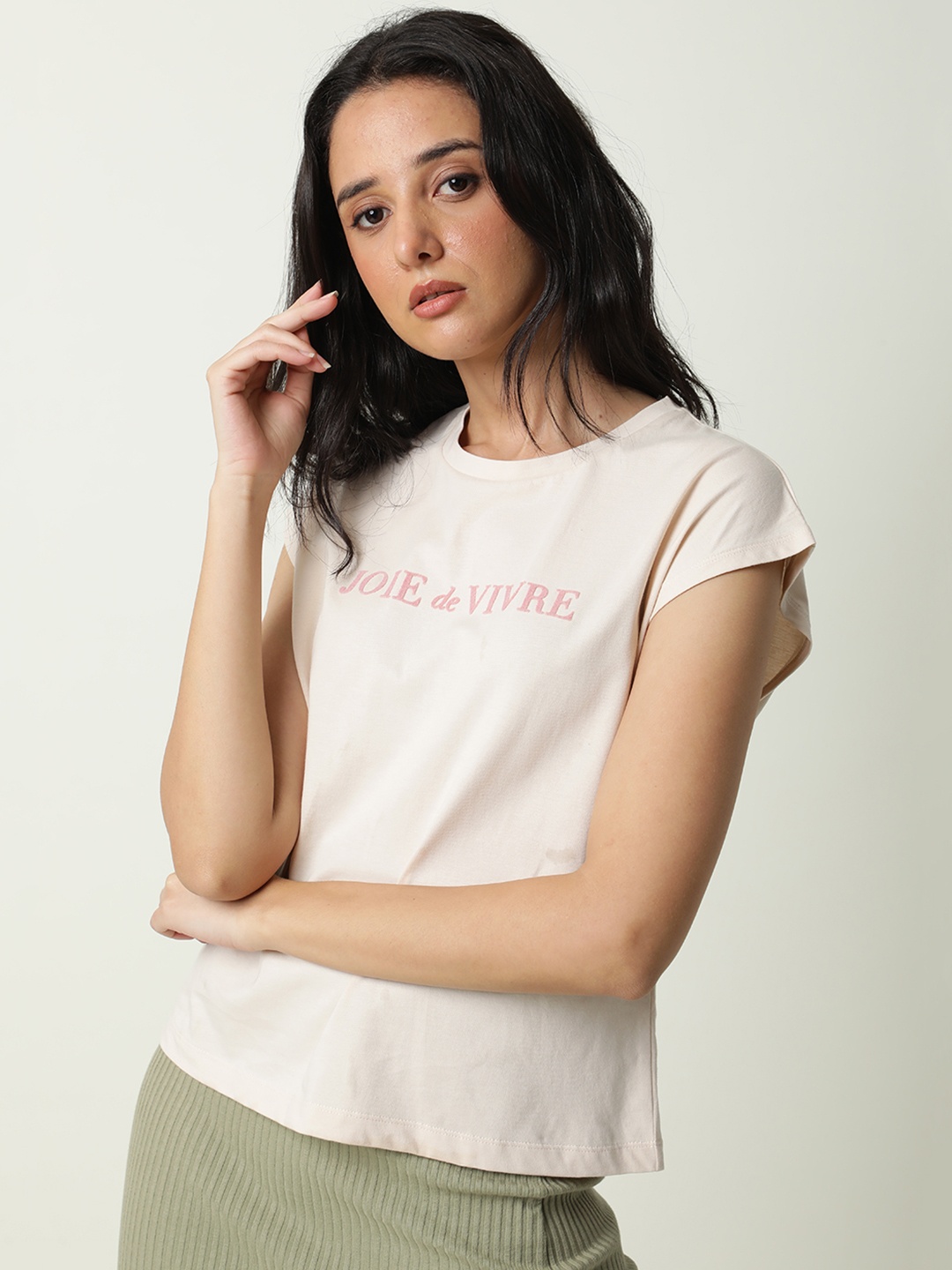 

RAREISM Women Beige Typography Slim Fit Cotton T-shirt