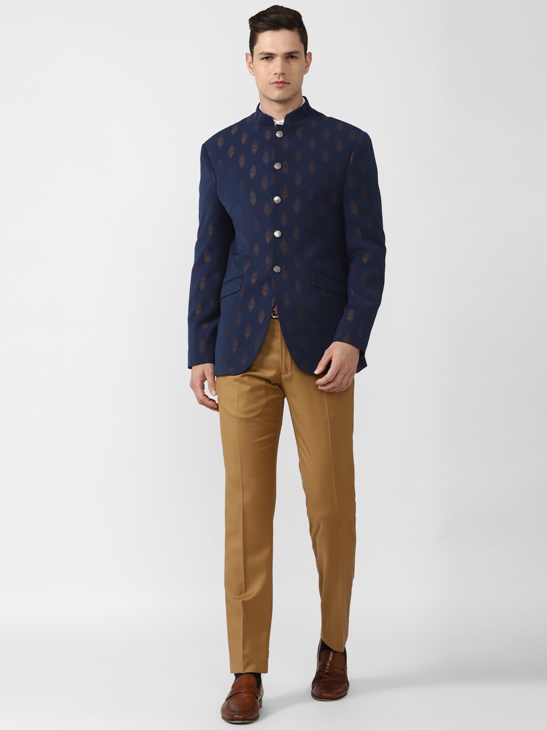 

Van Heusen Men Navy Blue & Brown Solid Slim-Fit Bandhgala Two-Piece Party Suits