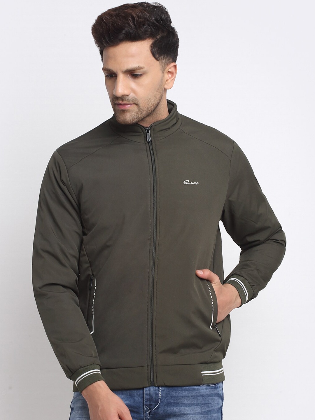 

Spirit Men Olive Green Mock Collar Bomber Jacket