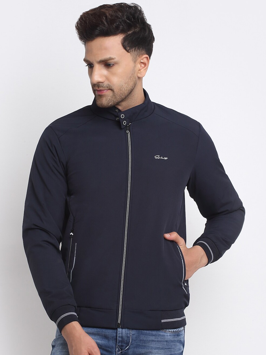 

Spirit Men Navy Blue Mock Collar Denim Jacket