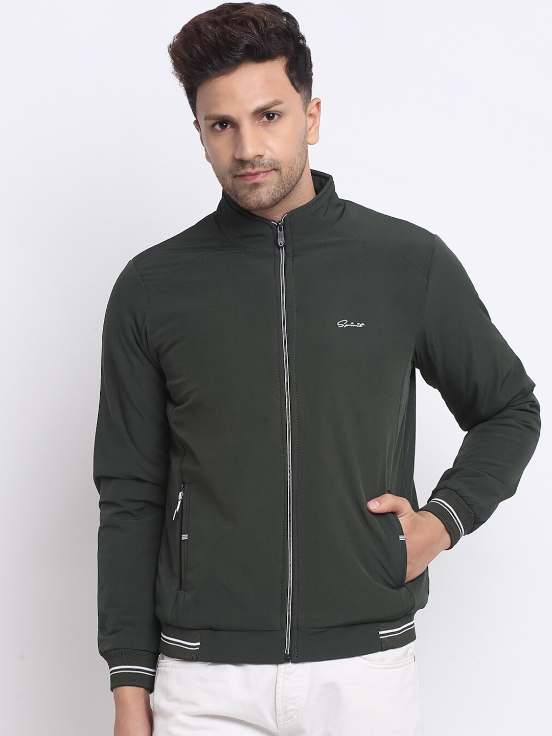 

Spirit Men Green Striped Mock Collar Bomber Jacket