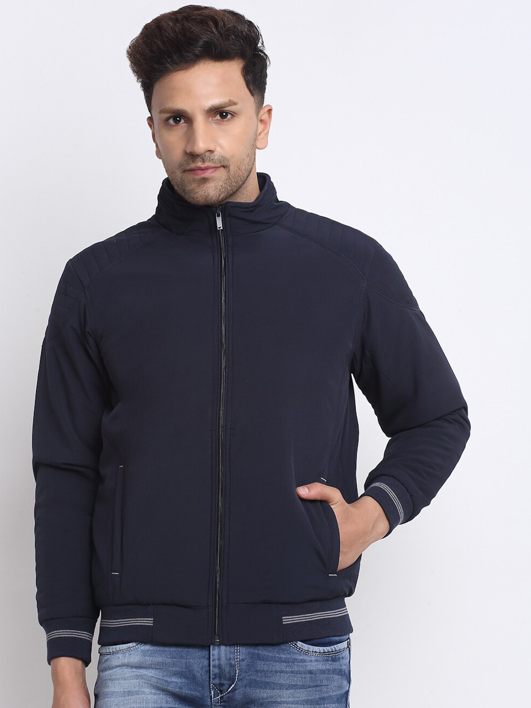 

Spirit Men Navy Blue Mock Collar Bomber Jacket
