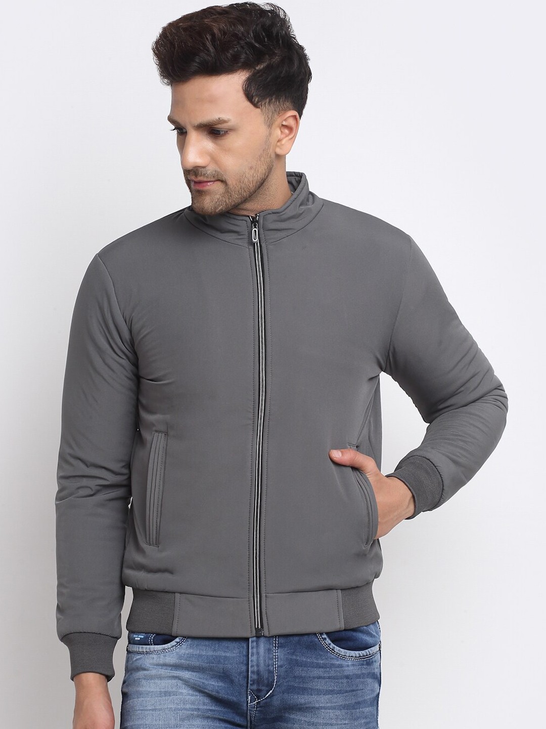 

Spirit Men Grey Stand Collar Bomber Jacket