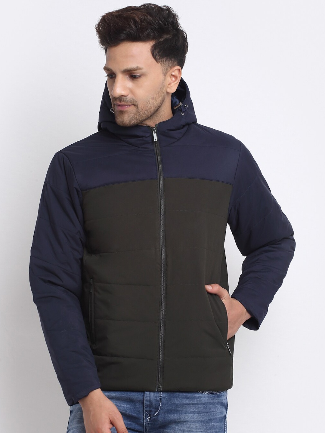 

Spirit Men Olive Green Navy Blue Colourblocked Padded Jacket