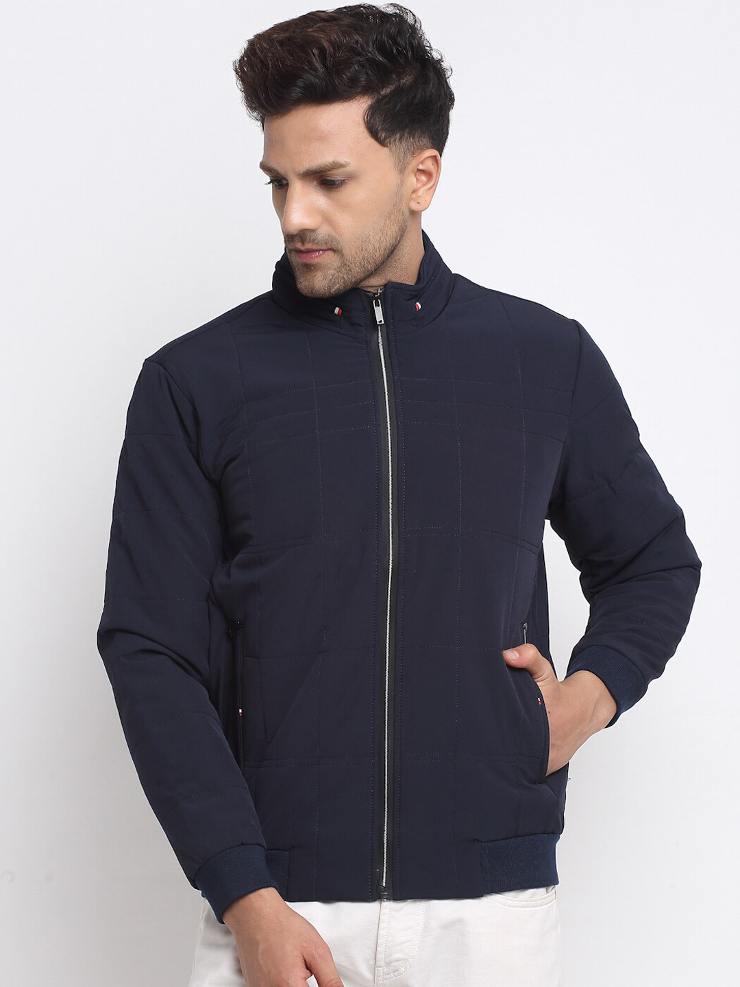 

Spirit Men Navy Blue Mock Collar Checked Padded Jacket