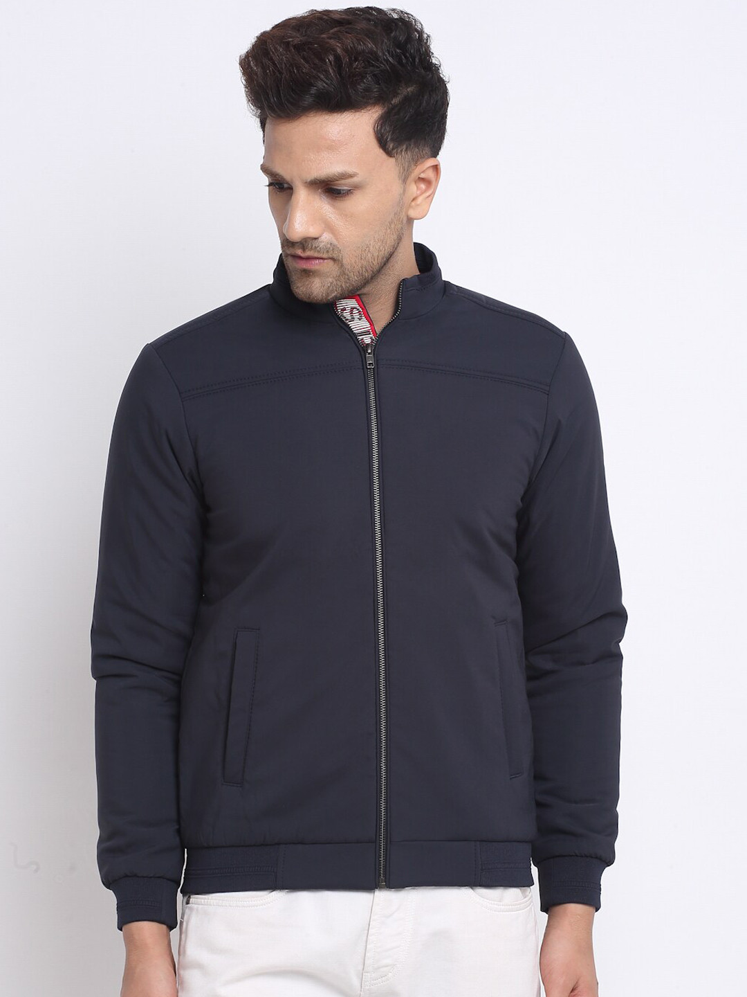 

Spirit Men Navy Blue Mock Collar Bomber Jacket