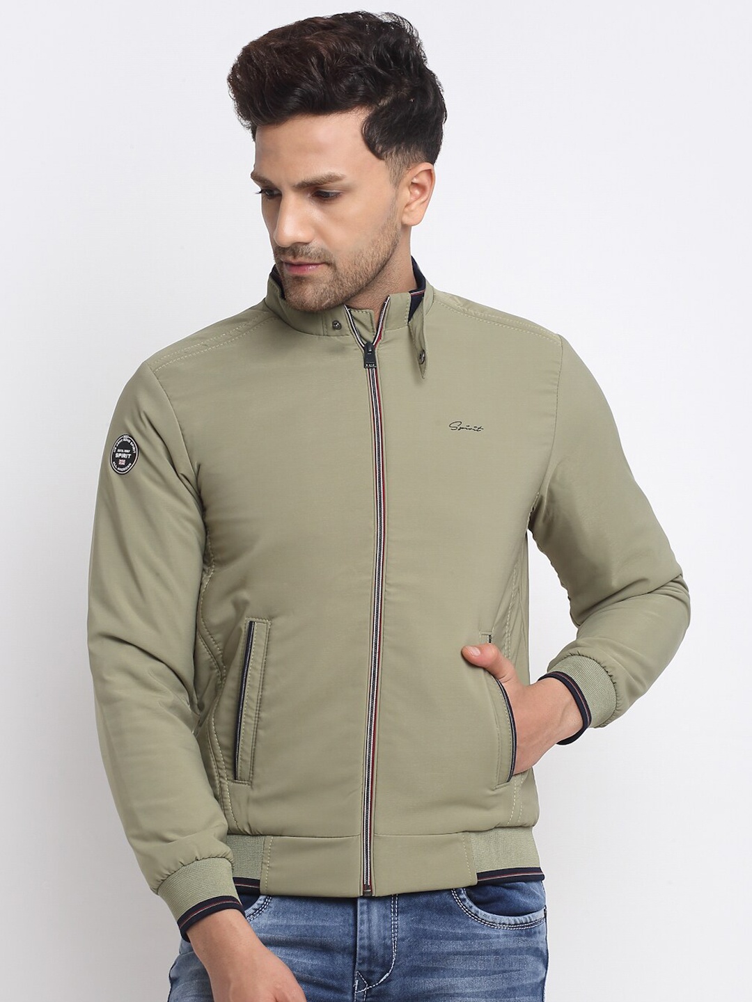 

Spirit Men Green Mock Collar Bomber Jacket